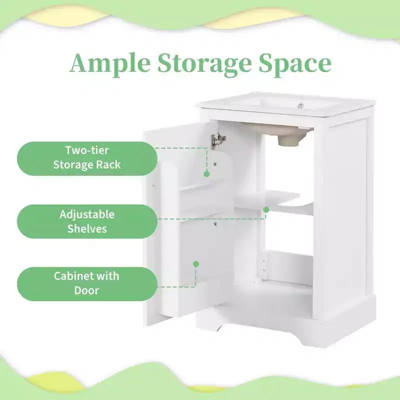 30 Inch Freestanding Bathroom Vanity with Sink, White MDF & Rubberwood, 3 Drawers & Adjustable Shelf