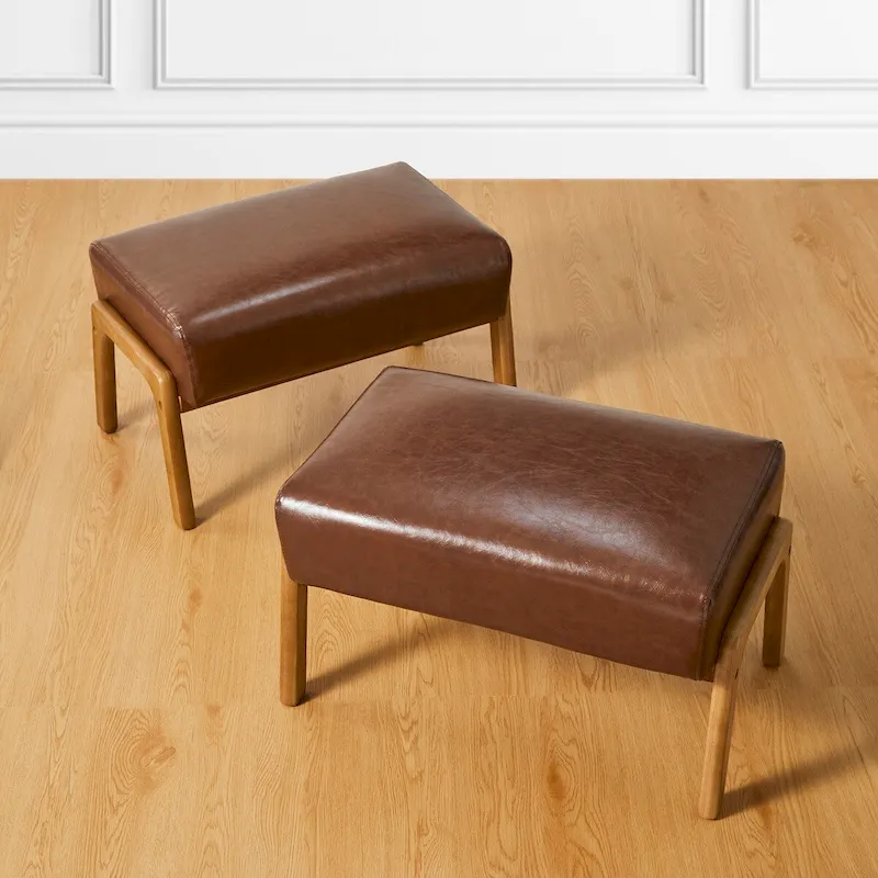 Brown Mid-Century Faux Leather Ottoman Accent Stool, Set of 2