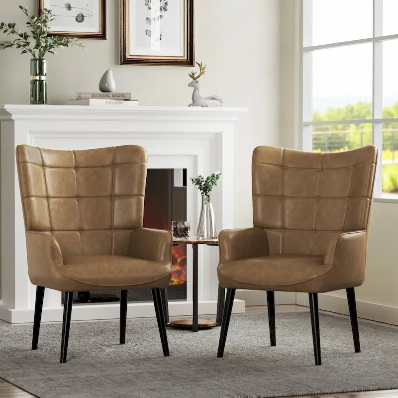 High-back Tufted Accent Chair Set of 2 Cream/ Brown/ Taupe