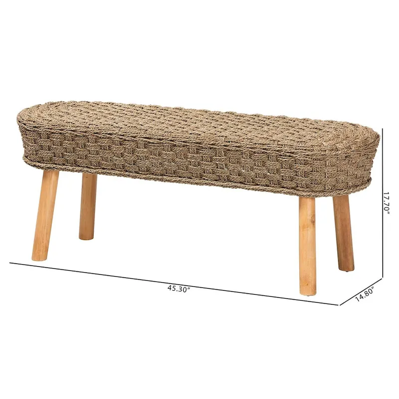 Denver Modern Bohemian Natural Seagrass and Acacia Wood Accent Bench
