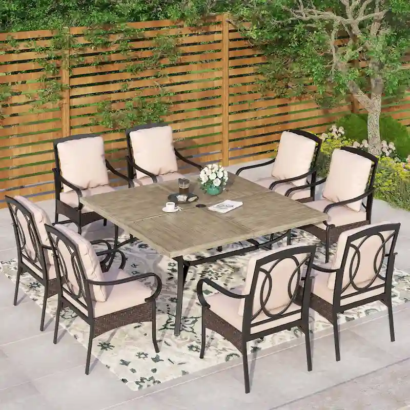 Metal Outdoor Dining Set for 8 with Square Table & Heavy-Duty Padded Fixed and Swivel Chairs, Patio Furniture Set (Beige)