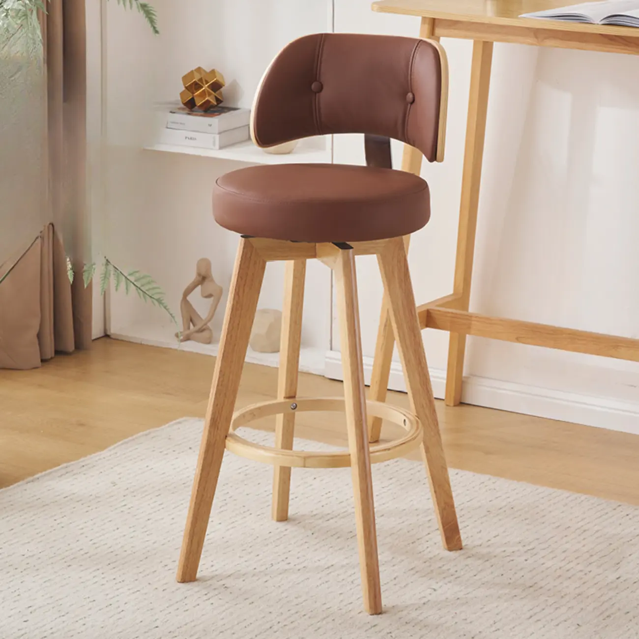 Natural Wood Round Leather Swivel Bar Stools