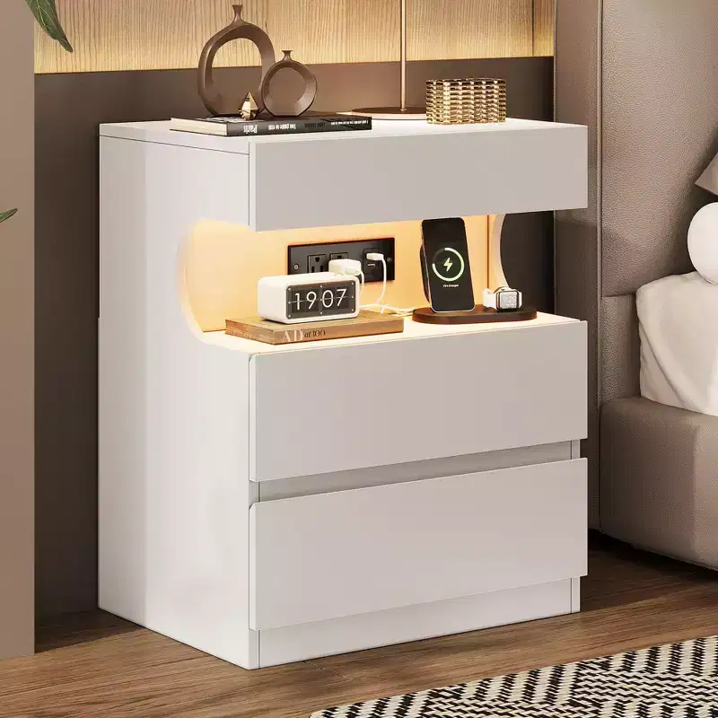 Modern Nightstand with 3 Drawers, 19W Wooden Bedside Table with Charging Station & Open Shelf, End Side Table for Bedroom, Living Room, White