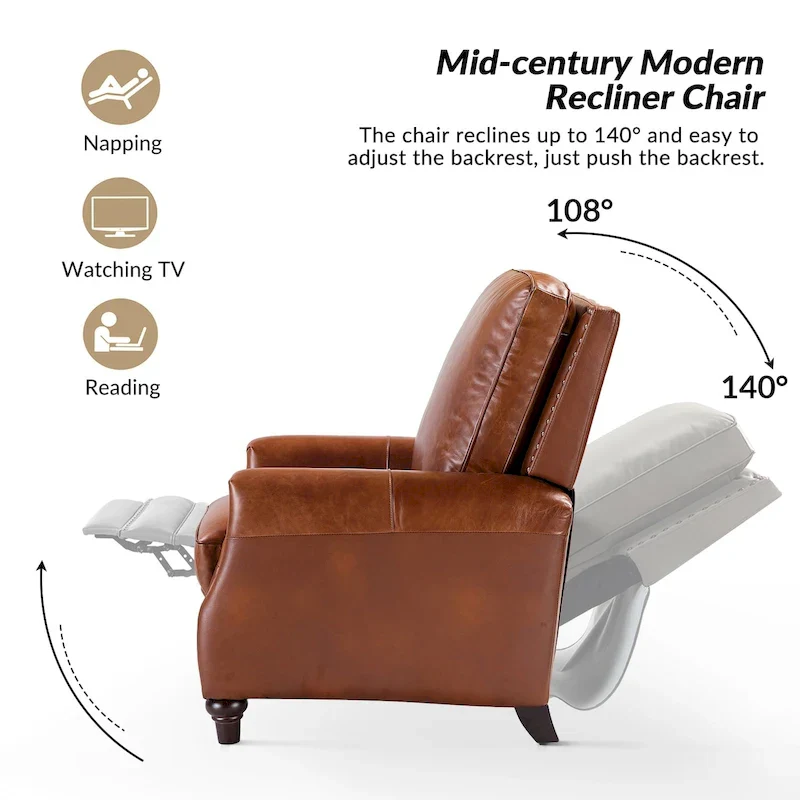 Cigar Mid-century Modern Genuine Leather Recliner with Nailhead Trim by HULALA HOME