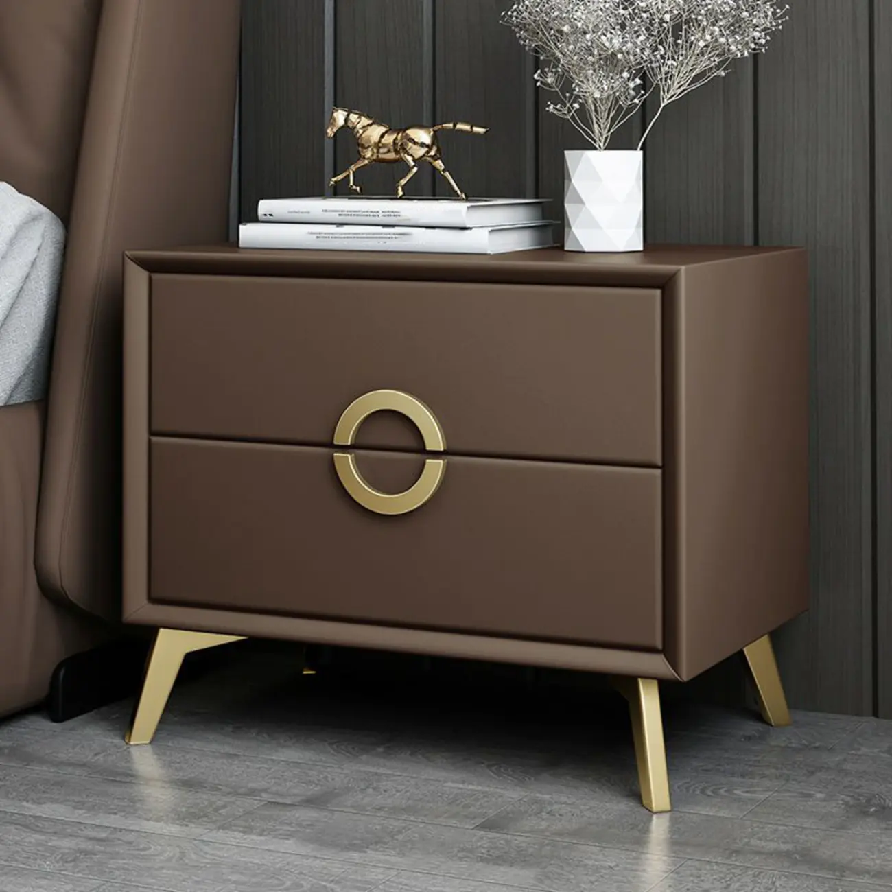 Chic Khaki Leather Gold Accents 2-Drawer Nightstand