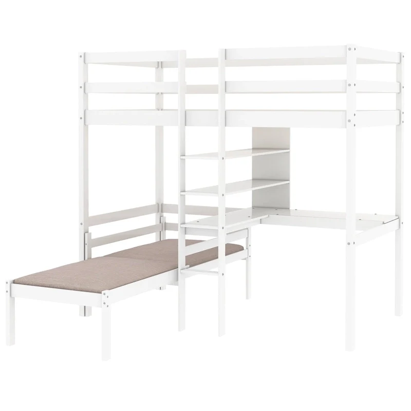 White Twin Bunk Bed with L-Shape Desk, Shelves & Ladder – Sleeps 2
