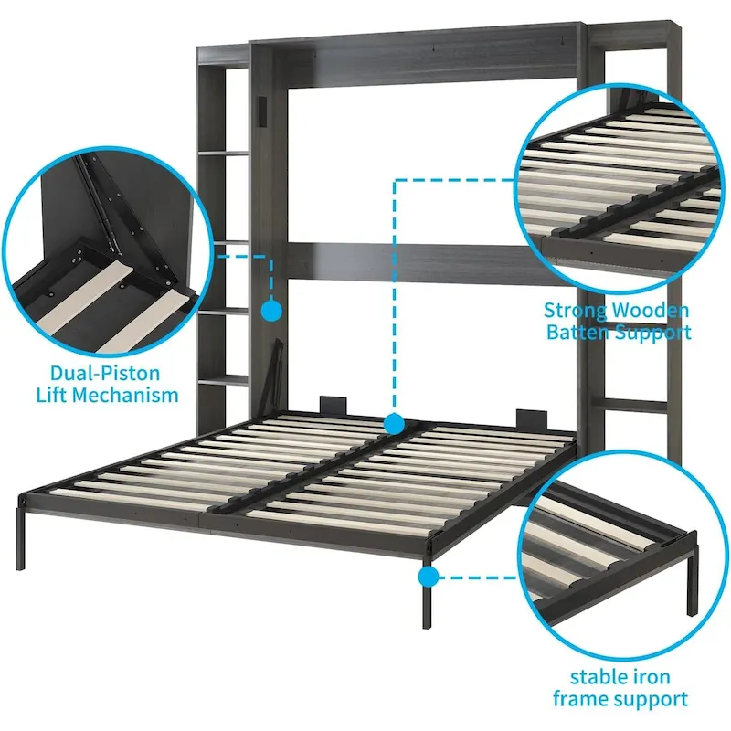 Mixoy Murphy Bed,Folding Wall Bed with 2 Side Cabinet Shelves