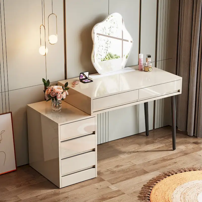 Reversible Computer Desk with 5 Drawers & Printer Stand – High Gloss White