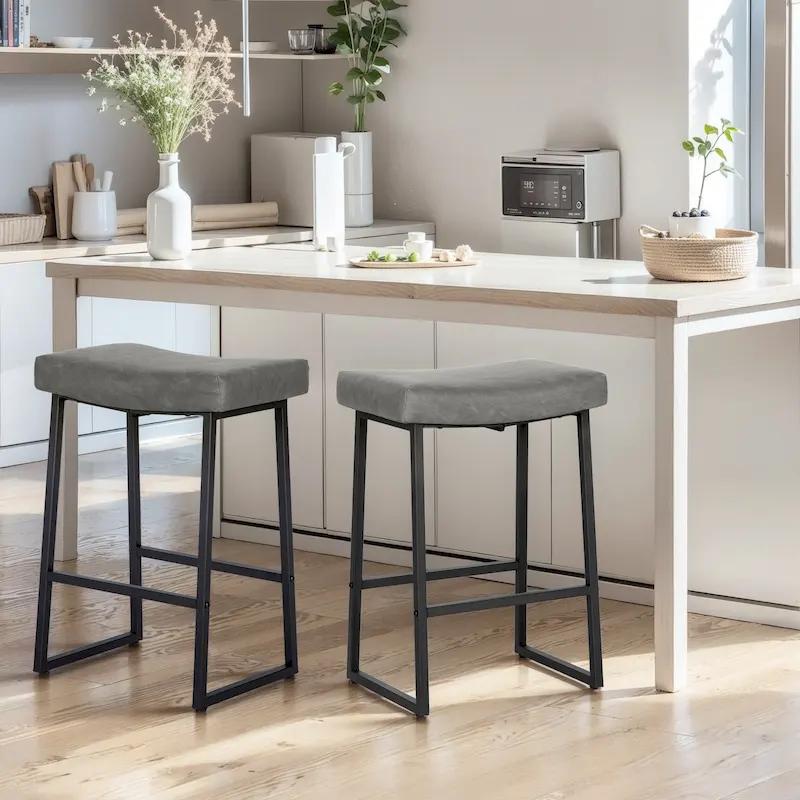 2-Piece Saddle Design PU Leather Bar Stool with Sturdy Metal Frame