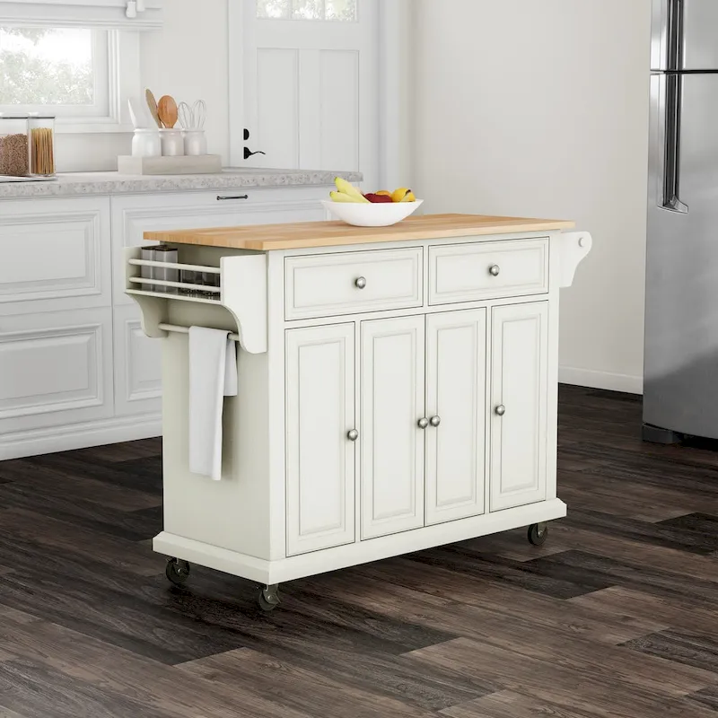 Full Size White Natural Wood Top Kitchen Cart Island - 18d x 51.5w x 36h