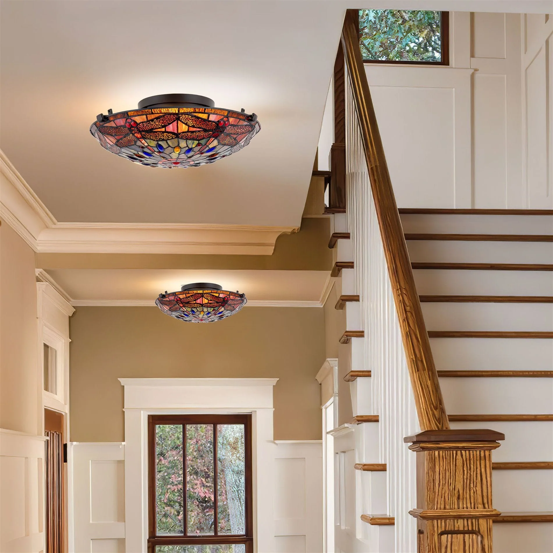 Mateo 16 2-Light Modern Dragonfly Tiffany Glass Flush Mount Ceiling Light