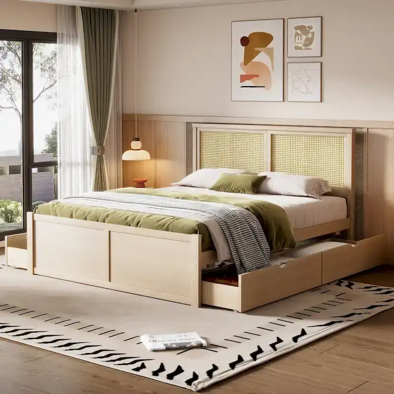 Natural Wood Platform Bed with Rattan Headboard & 4 Storage Drawers