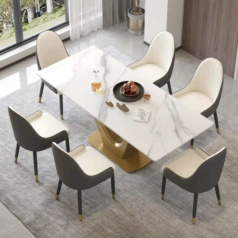 V Shape Pedestal Modern Marble Dining Table Slate Kitchen Table