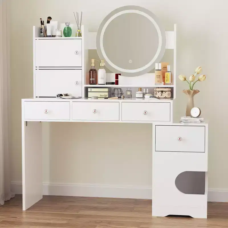 TYBOATLE Modern Makeup Vanity with Lights and Charging Station, Small Vanity Desk with Cat Hole and Multi-Tier Storage Shelves, White