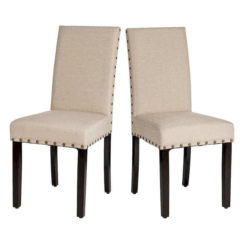 Glitzhome 38H Set of 2 High Back Linen Fabric Studded Dining Chairs with Footpads