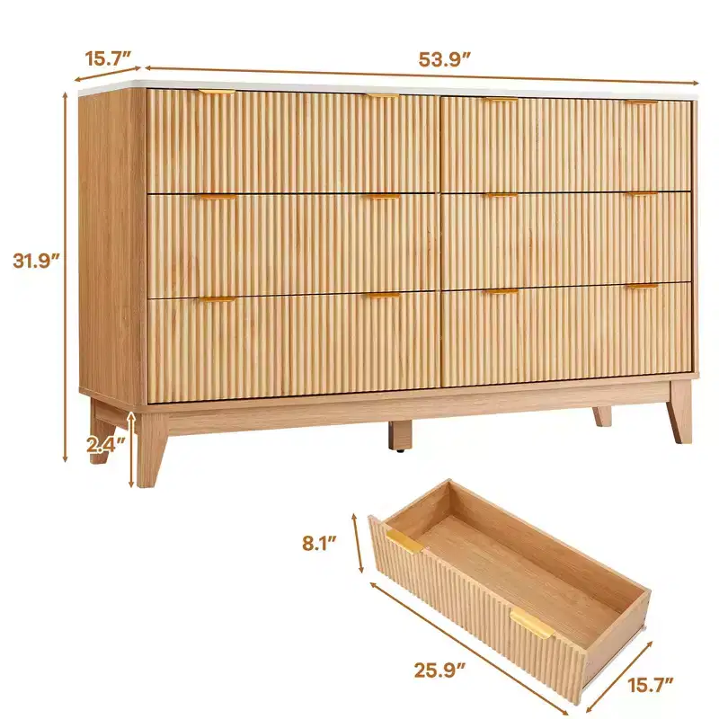Fluted 6 Drawers Dresser, Modern Chest of Drawers with Faux Marble Top,Dresser TV Stand, Wood Drawer Organizer for Bedroom, Living Room