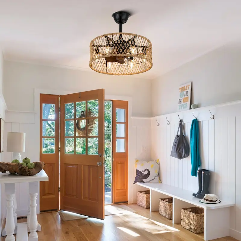 CurveCurio 20  Rustic Flax Woven Ceiling Fan with Integrated Light and Remote Control - 3 Speeds, Quiet Motor for Boho Decor