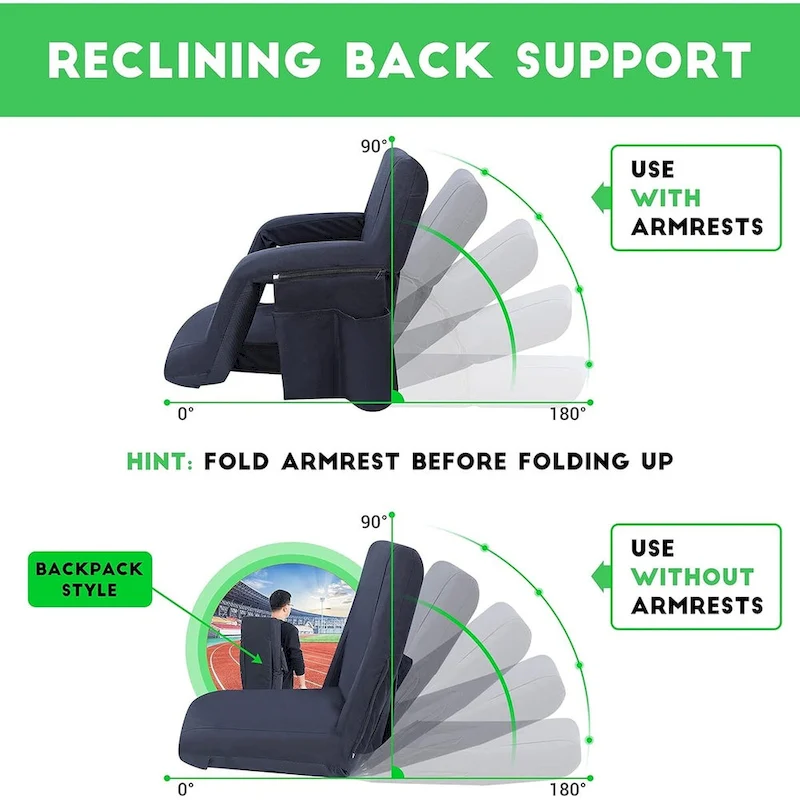 Stadium Seats, 5 Reclining Positions Bleacher Chairs with Padded Armrests, Side Pockets, Waterproof Thick Cushion