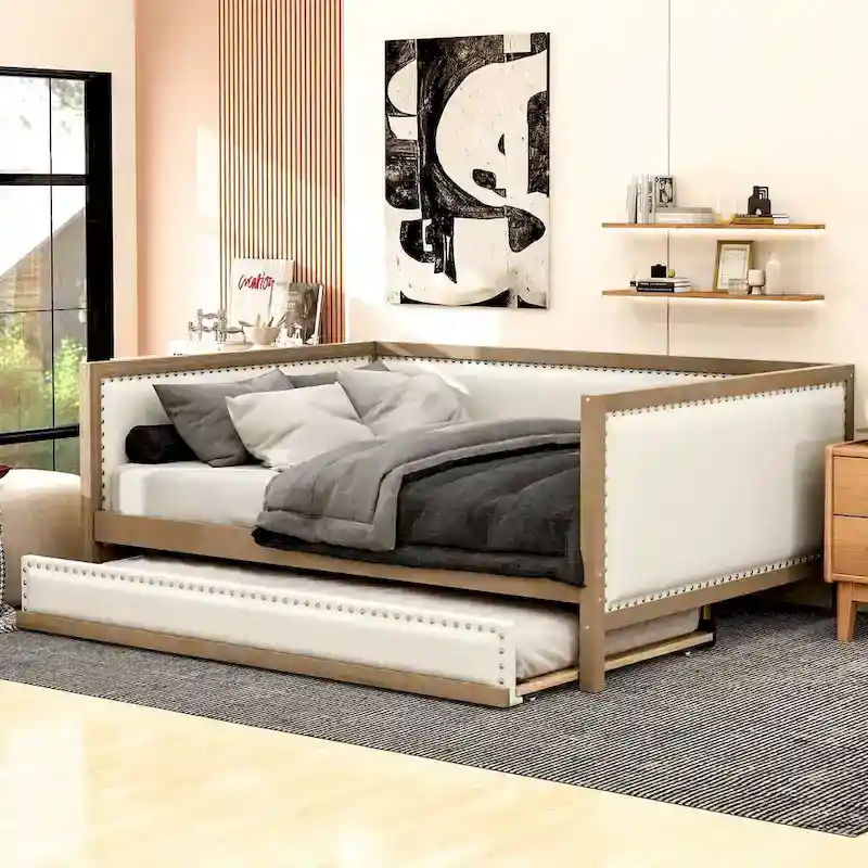 Full Size Upholstered Daybed with Trundle & Nailhead Decor