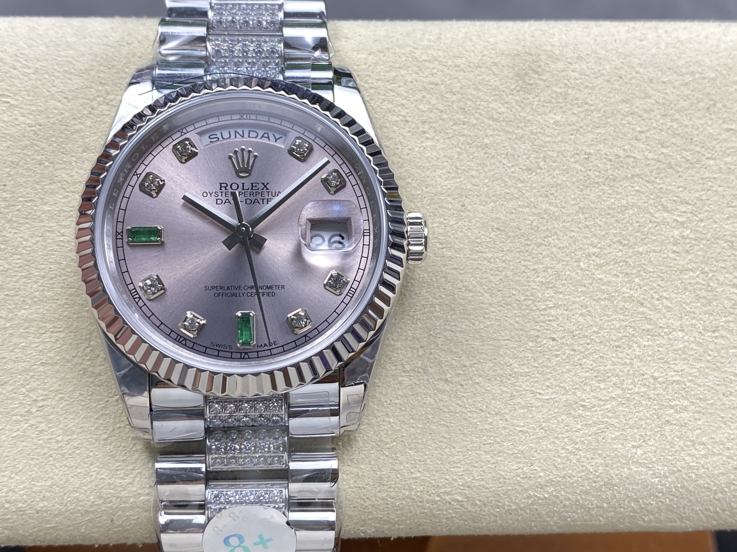 Rolex Day-Date 40 silver dial with diamond markers and emerald hour markers luxury replica