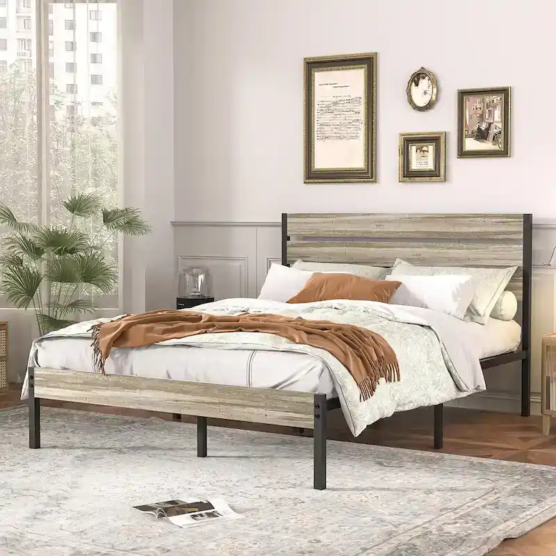 4-Pieces Bedroom Set with Drawer and Nightstands Set of 2, 5-Drawer Dresser, Brown/Grey Set
