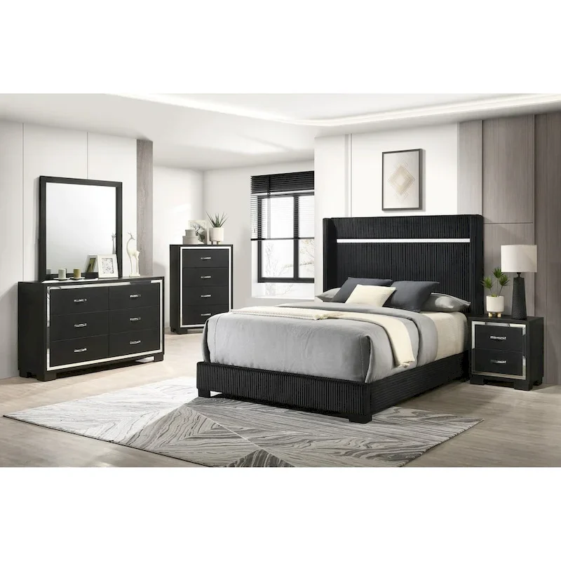 Pedro 6 Piece Black Velvel Upholstered Panel Bedroom Set
