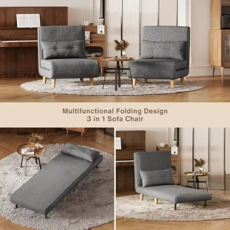 3 in 1 Convertible Upholstered Sofa Bed Sleeper Chair, Chaise Lounge Sofa, Folding Sleeper Chair, Recliner Chair with Pillow