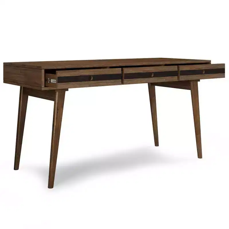Wright Desk Rustic Natural Aged Brown - WyndenHall: Solid Acacia, Mid-Century, 3 Drawers, Home Office