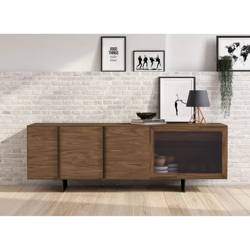 Mid-Century Modern Buffet with Walnut Veneer, Angled Doors & Grey Glass Panel