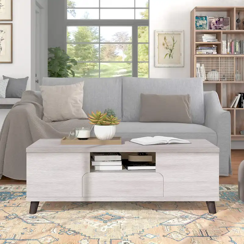 White Oak Mid-Century Modern Coffee Table with 3 Open Shelves & 1 Drawer - Single Use