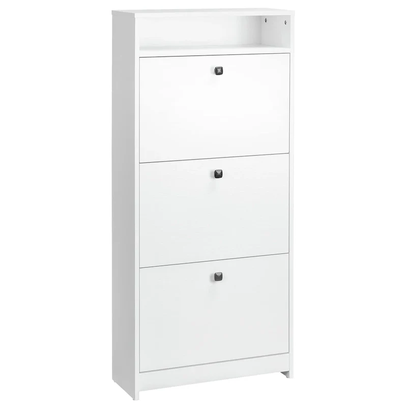Slim Shoe Cabinet, Trendy Shoe Storage Cabinet with 3 Large Fold-Out Drawers & a Spacious Top Surface for Small Items, White