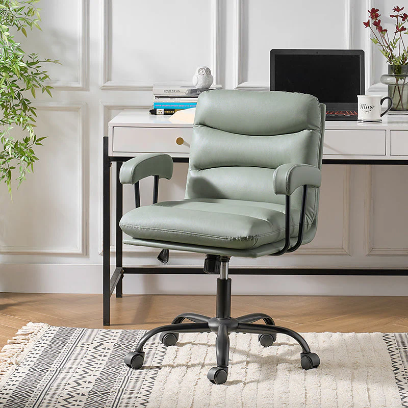 Faux Leather Ergonomic Office Chair with Adjustable Height, Swivel & Black Metal Legs | Sage / Camel / Black / Green | Single Seat