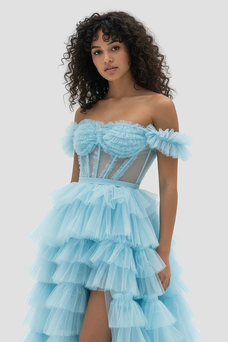 Royal Blue Off the Shoulder Ruffle Tiered Tulle Long Prom Dresses with Slit