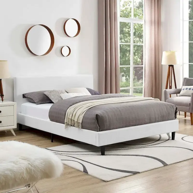 Linen Upholstered Queen Platform Bed – White / Teal / Beige, Sleeps 2