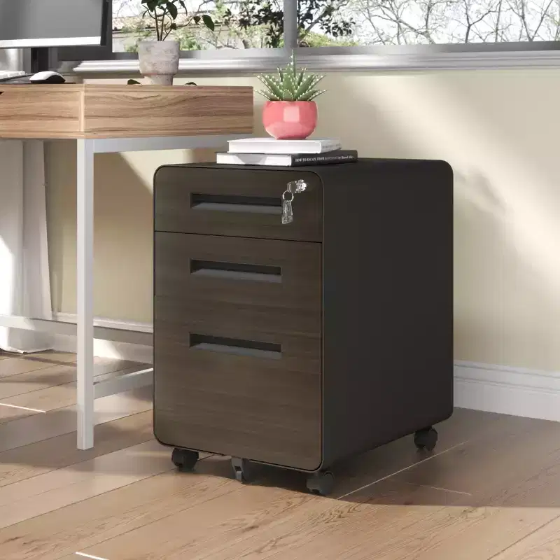 VIYET 23 3-Drawer Mobile File Cabinet, Black Cold-Rolled Steel Lockable Under-Desk Cabinet (5-Wheel Anti-Tilting for A4/Legal/Letter Files)