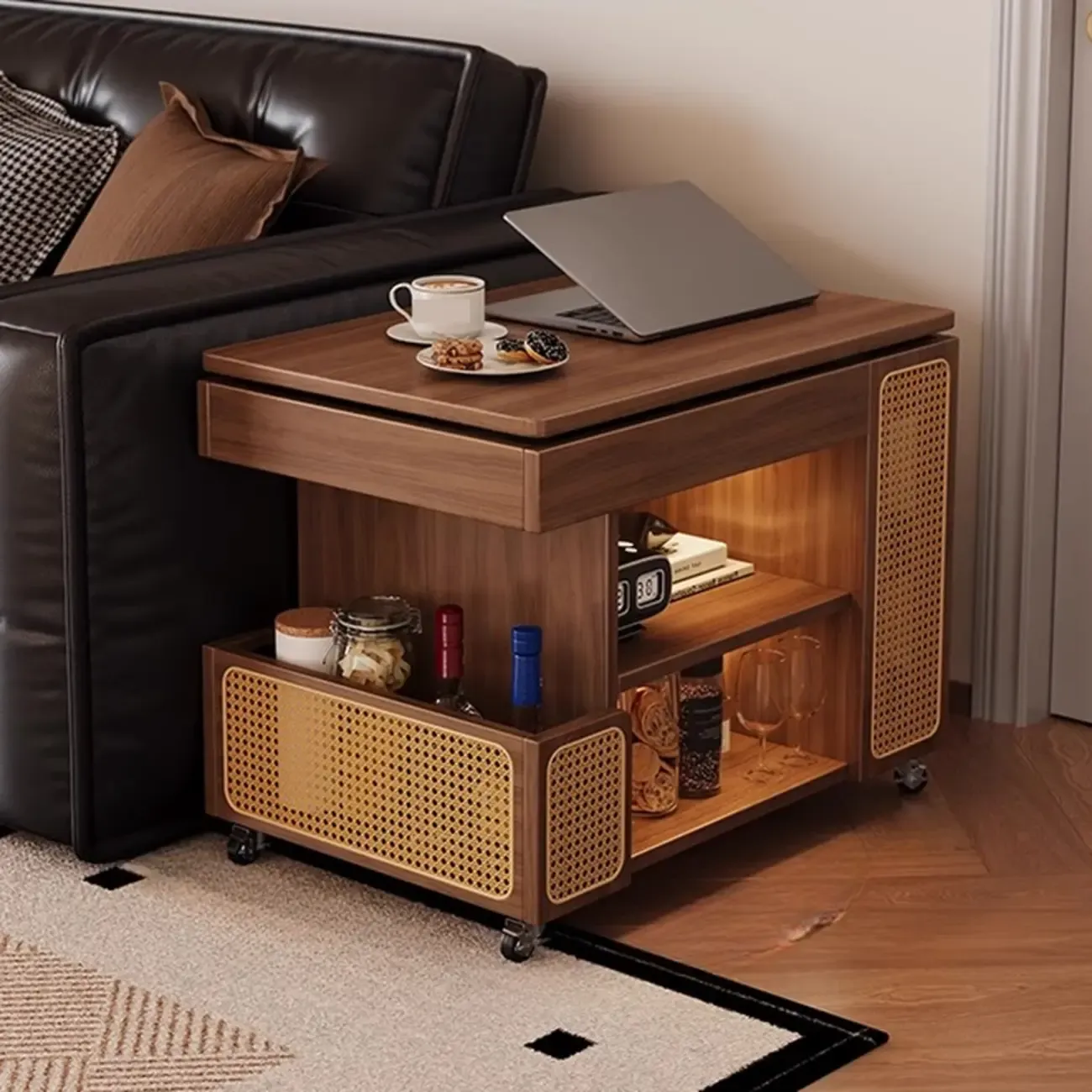 Nut-brown Adjustable Lift Top Wood Trolly Side Table