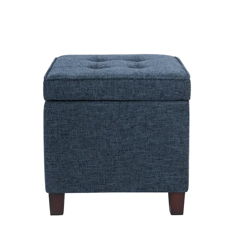 Storage Ottoman, 18 Inch Square Tray Top, Navy Blue Woven Fabric