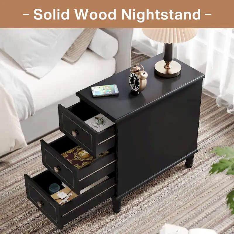 Solid Wood End Table with 3 Drawers, Fully Assembled Narrow Side Table