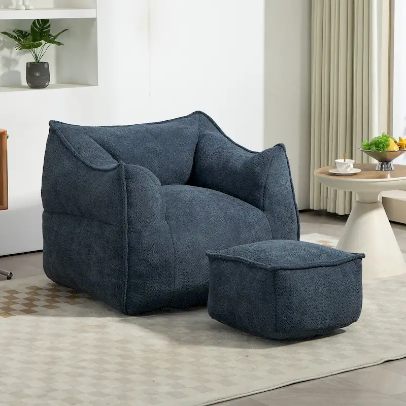 Boucle Upholstered Deep Seat Armless Square Bean Bag Chair with Ottoman
