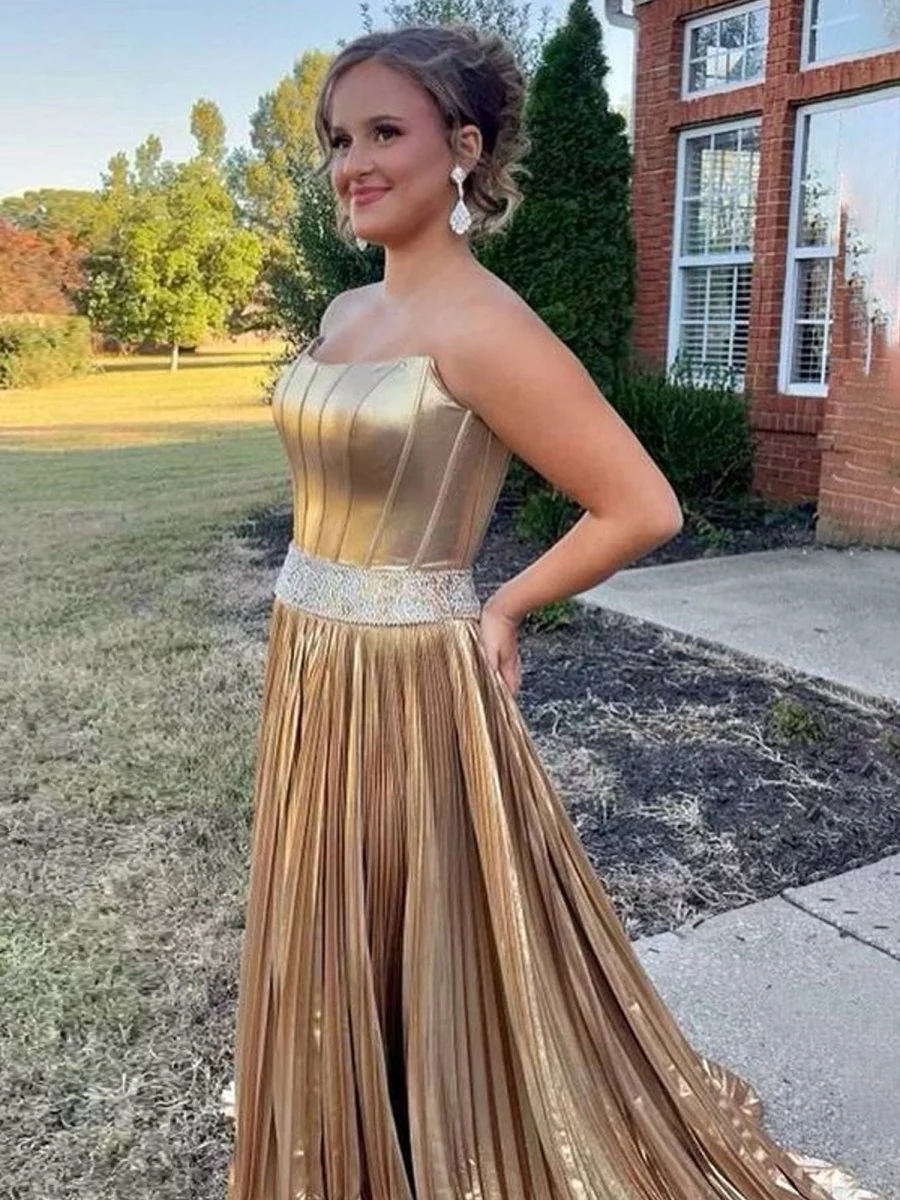 Metallic Gold Strapless Beaded Prom Dress with Slit