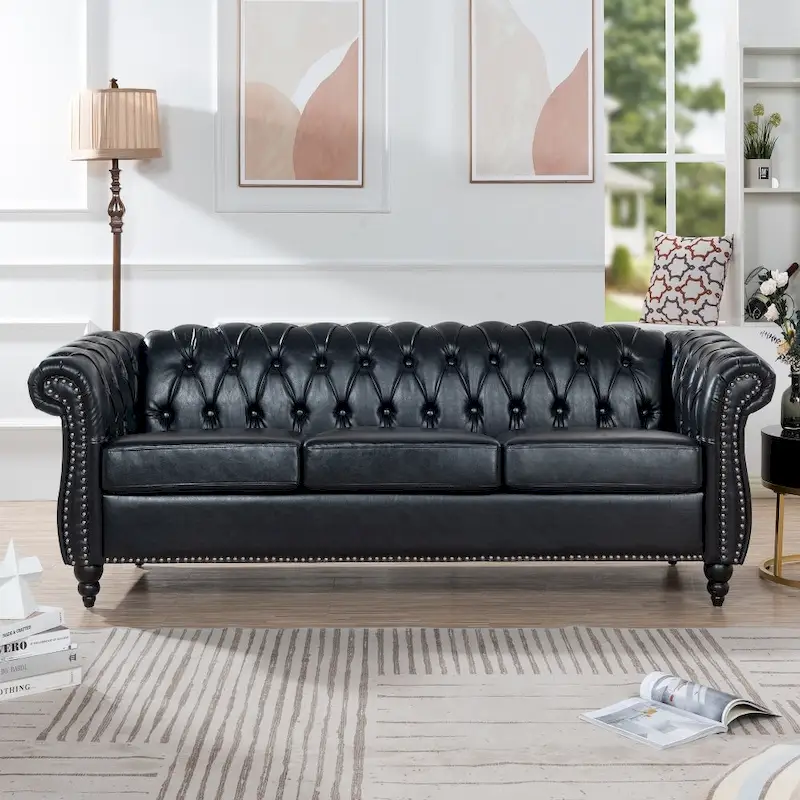 Brown Faux Leather Chesterfield Sofa for 3 People with Rolled Arms