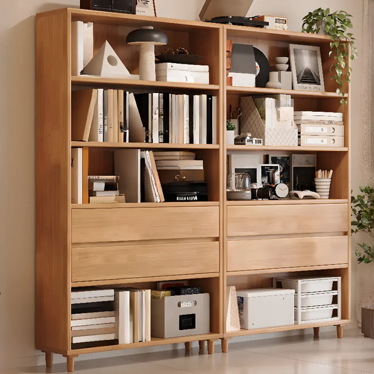 Spacious Versatile Vertical Brown Wood Bookcase with Drawers