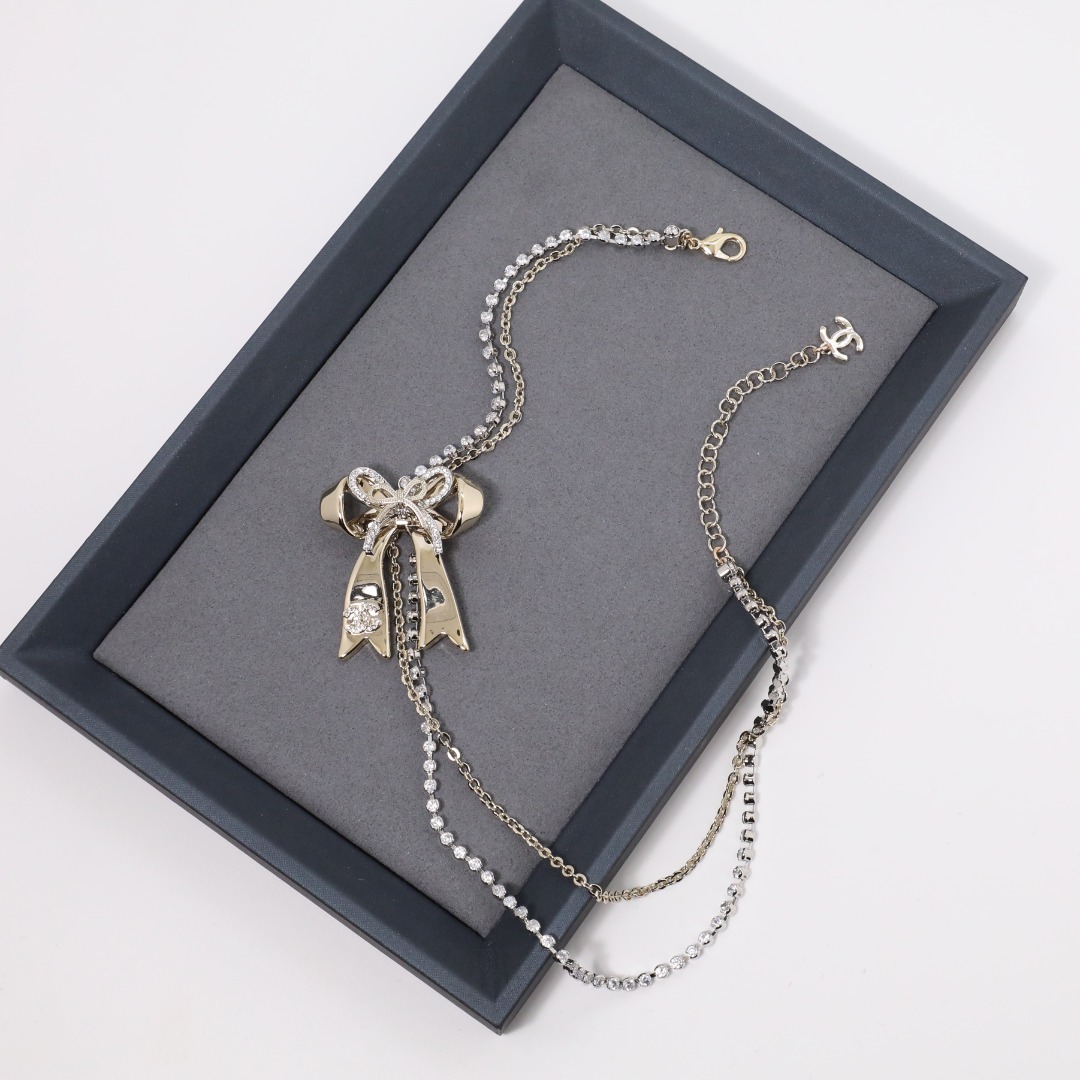 CCN490 Chanel bow double chain choker necklace - ccjewelryacc