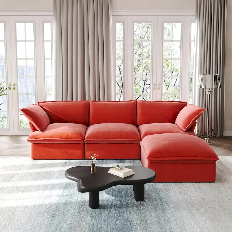 Red / Green / Blue / Orange L-Shape Velvet Sectional Sofa with Chaise, 3-Seater