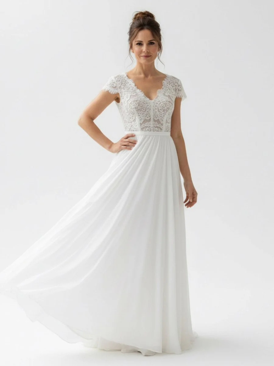 Boho See Through Lace V-Neck A-Line Chiffon Wedding Dress