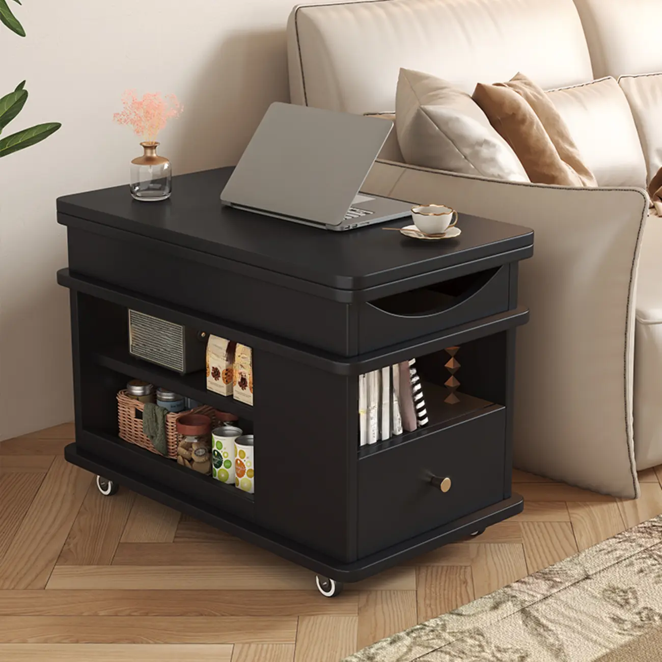 Rectangle Foldable Lift Top Wood Metal Side Table with Wheels