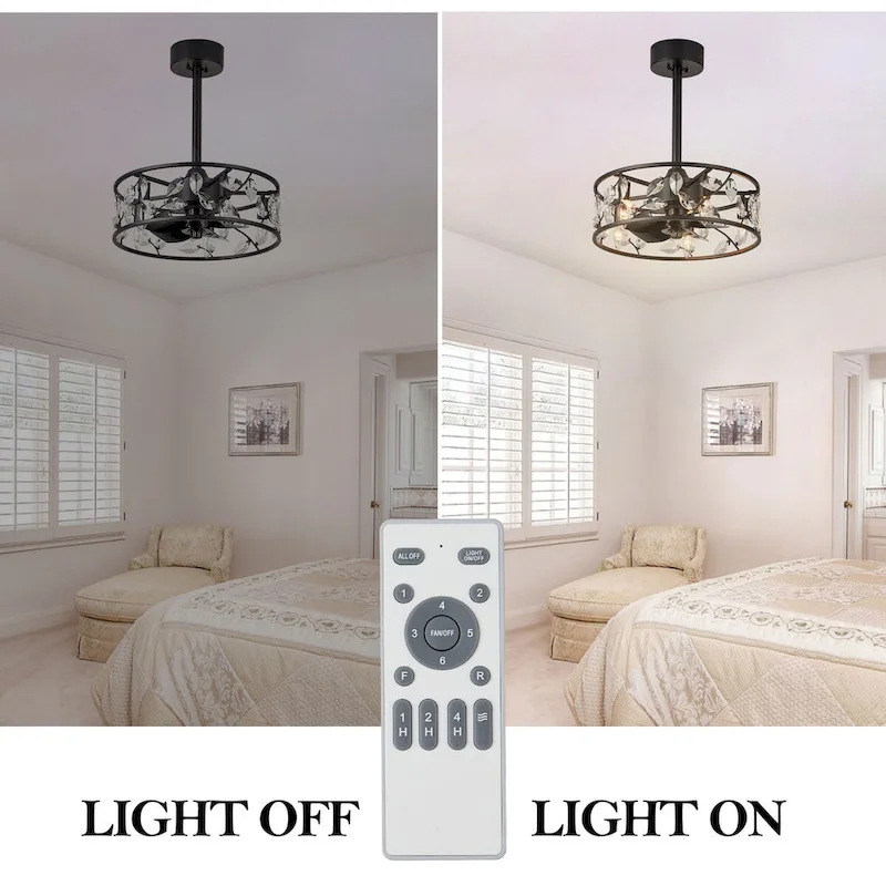 Cusp Barn 18in. Modern Crystal Caged Ceiling Fan With Light, Industrial Metal Shade Reversible 6-Speed Ceiling Fan With Remote