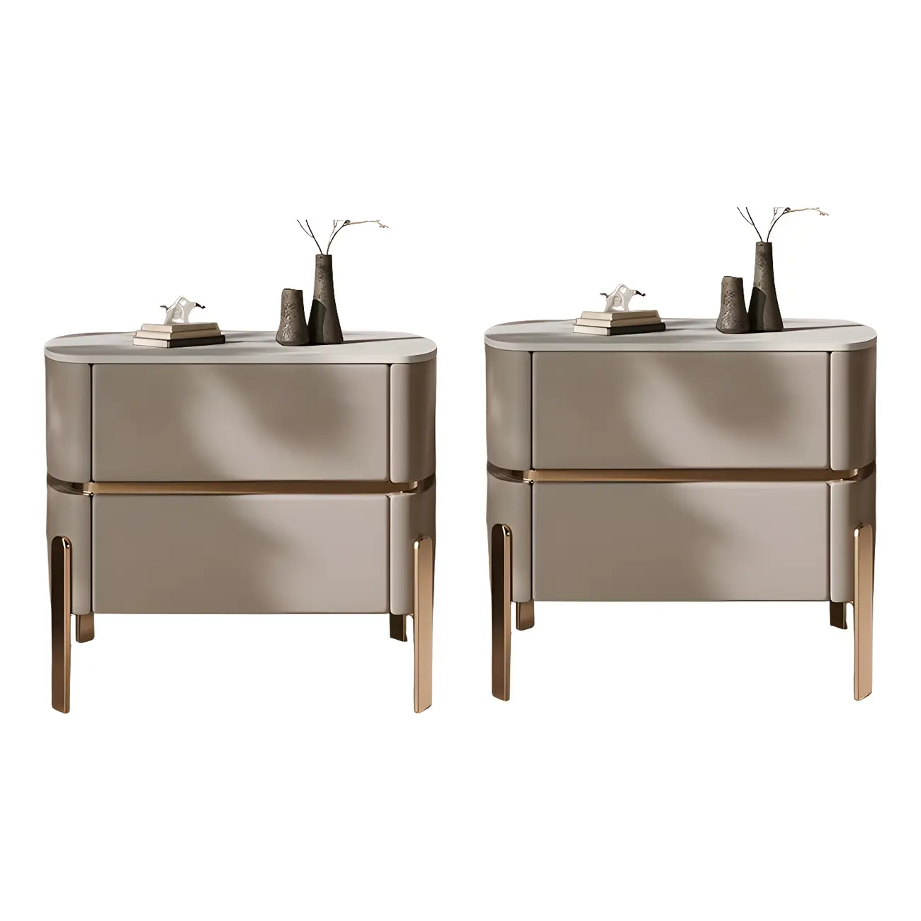 Glam Beige Leather Stone Top 2-Drawer Nightstand