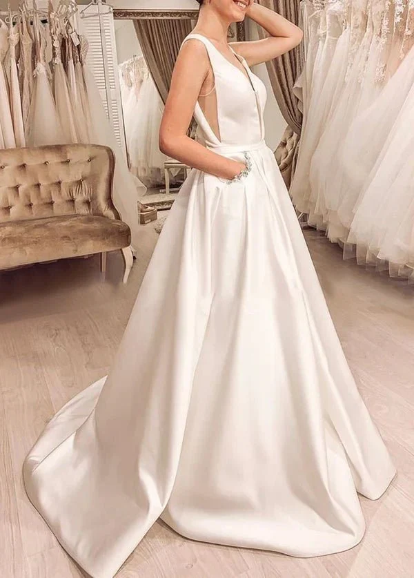 Elegant A-line Sleeveless V-Back Satin Bridal Dresses with Pockets