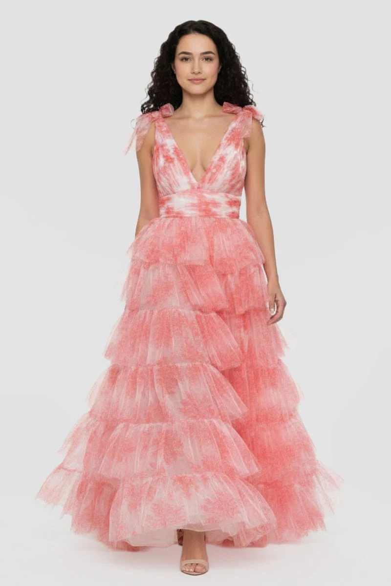 V-Neck Tie Straps Red Floral Print Layered Long Prom Dress